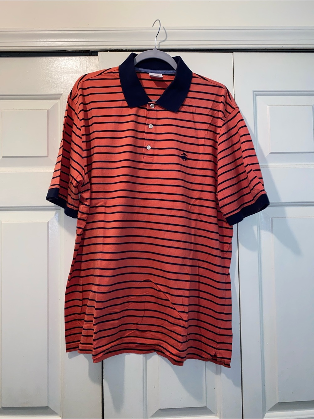 Men's Salmon Stripe Polo Shirt with Navy Collar